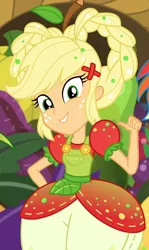 Size: 644x1080 | Tagged: safe, derpibooru import, screencap, applejack, rainbow dash, equestria girls, equestria girls series, holidays unwrapped, spoiler:eqg series (season 2), clothes, cornucopia costumes, costume, cropped, cute, female, jackabetes, looking at you, o come all ye squashful, offscreen character, pointing at self, solo focus