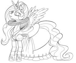 Size: 1500x1235 | Tagged: safe, artist:sepiakeys, derpibooru import, princess celestia, pony, clothes, dress, ear fluff, elizabethan, jewelry, lineart, monochrome, regalia, ruff (clothing), shoes, solo