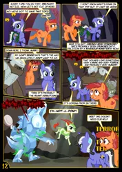 Size: 752x1063 | Tagged: safe, artist:christhes, derpibooru import, oc, oc:gracenote, oc:maple leaf, unofficial characters only, earth pony, pony, unicorn, brush, butt, collar, comic, female, jabba's palace, mare, oola, peril, plot, rancor pit, spike's statue, star mares, star wars, topi