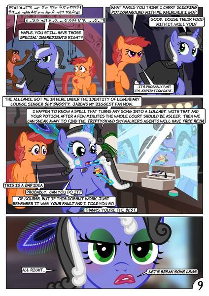 Size: 752x1063 | Tagged: safe, artist:christhes, derpibooru import, oc, oc:gracenote, oc:maple leaf, ponified, earth pony, pony, unicorn, comic, female, jabba's palace, levitation, magic, makeup, mare, star mares, star wars, telekinesis