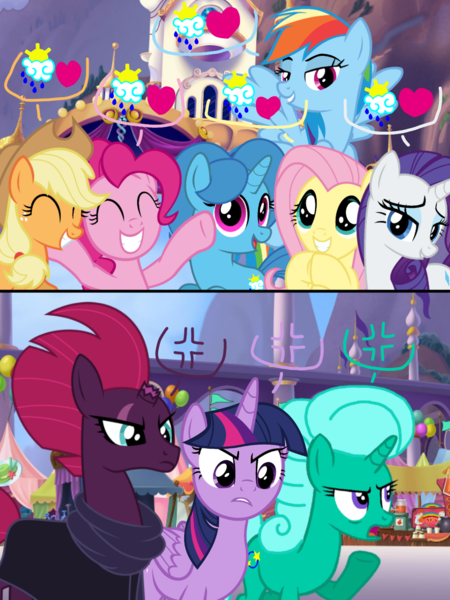 Size: 1080x1440 | Tagged: safe, artist:徐詩珮, derpibooru import, applejack, fizzlepop berrytwist, fluttershy, glitter drops, pinkie pie, rainbow dash, rarity, spring rain, tempest shadow, twilight sparkle, twilight sparkle (alicorn), alicorn, earth pony, pegasus, pony, unicorn, series:sprglitemplight diary, series:springshadowdrops diary, angry, broken horn, clothes, female, glitter drops is not amused, glitterlight, glittershadow, horn, implied lesbian, implied shipping, implied sprglitemplight, implied springdrops, implied springlight, implied springshadow, lesbian, mane six, mare, polyamory, scarf, shipping, sprglitemplight, spring rain gets all the mares, springdash, springdrops, springity, springjack, springlight, springpie, springshadow, springshadowdrops, springshy, tempest shadow is not amused, tempestlight, twilight is not amused, unamused