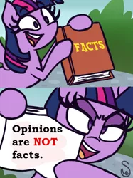 Size: 760x1015 | Tagged: safe, artist:quarium edits, derpibooru import, edit, twilight sparkle, twilight sparkle (alicorn), alicorn, pony, book, exploitable meme, female, image macro, mare, meme, solo, twilight's fact book