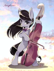 Size: 756x1000 | Tagged: safe, artist:yuki-zakuro, derpibooru import, octavia melody, earth pony, pony, bow (instrument), bowtie, cello, cello bow, female, hoof hold, mare, musical instrument, solo, sunset