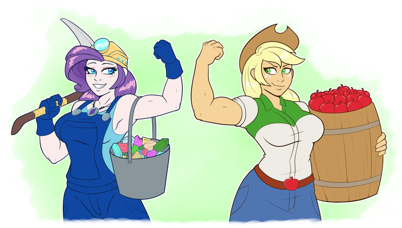 Size: 1024x582 | Tagged: safe, artist:ambris, derpibooru import, applejack, rarity, equestria girls, apple, applejack's hat, applejacked, armpits, barrel, belt, biceps, big breasts, breasts, bucket, busty applejack, busty rarity, clothes, commission, cowboy hat, denim skirt, female, flexing, food, gem, geode of shielding, gloves, hat, helmet, lesbian, looking at each other, magical geodes, miner, mining helmet, muscles, overalls, pickaxe, rarijack, ripped rarity, rolled up sleeves, shipping, skirt, stetson, tanktop