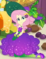 Size: 453x572 | Tagged: safe, derpibooru import, screencap, fluttershy, rainbow dash, equestria girls, equestria girls series, holidays unwrapped, spoiler:eqg series (season 2), beautiful, belt, clothes, cornucopia costumes, costume, cropped, cute, dress, female, food, geode of fauna, gloves, grapes, hairclip, hat, high heels, jewelry, leaf, leggings, looking at you, looking up, looking up at you, magical geodes, necklace, o come all ye squashful, shoes, shyabetes, sitting, sleeveless, smiling, stage