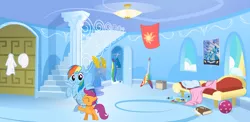 Size: 3080x1500 | Tagged: safe, derpibooru import, rainbow dash, scootaloo, pegasus, pony, blank flank, collar, duo, female, filly, leash, mare, pet play, pony pet, rainbow dash's house, scootalove, wonderbolts poster