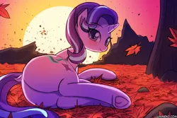 Size: 1125x750 | Tagged: suggestive, artist:lumineko, derpibooru import, starlight glimmer, pony, unicorn, advertisement, autumn, autumn leaves, blushing, butt, digital art, dock, female, frog (hoof), glimmer glutes, image, jpeg, leaf, leaves, looking at you, mare, patreon, patreon preview, plot, side, smiling, solo, sun, sunset, underhoof