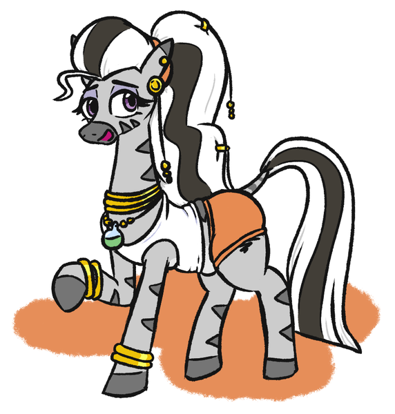 Size: 871x913 | Tagged: artist:jargon scott, bracelet, clothes, derpibooru import, ear piercing, female, hooters, jewelry, mare, neck rings, oc, oc:matriarch zeg'us, piercing, ponytail, safe, simple background, solo, unofficial characters only, white background, zebra, zebra oc