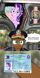 Size: 1000x1920 | Tagged: safe, artist:samueldavillo, derpibooru import, cozy glow, spur, starlight glimmer, pegasus, pony, unicorn, :i, driver's license, jeepney, philippines, police