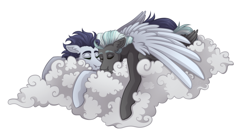 Size: 3500x2000 | Tagged: safe, artist:kikirdcz, derpibooru import, soarin', thunderlane, pegasus, pony, cloud, floppy ears, gay, male, prone, shipping, simple background, sleeping, soarilane, stallion, transparent background, wing blanket