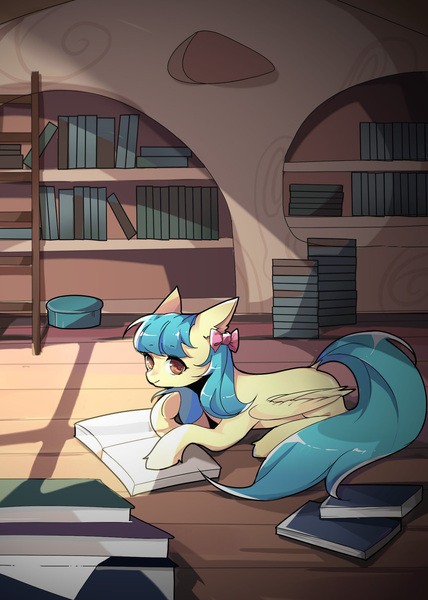 Size: 1428x2000 | Tagged: safe, artist:貂小明, derpibooru import, oc, oc:左岸, unofficial characters only, pegasus, pony, book, bow, bowtie, commission, cute, female, golden oaks library, hair bow, lying down, mare, missing cutie mark, prone, reading, solo, wallpaper