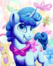 Size: 2000x2475 | Tagged: safe, artist:tsitra360, derpibooru import, brian (balloon animal), party favor, pony, unicorn, balloon, balloon animal, cutie mark, grin, looking at you, male, smiling, solo, stallion