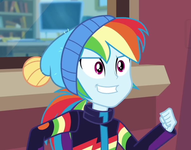 Size: 1208x949 | Tagged: safe, derpibooru import, screencap, rainbow dash, equestria girls, equestria girls series, holidays unwrapped, spoiler:eqg series (season 2), blizzard or bust, canterlot high, celestia's office, clothes, computer, cropped, female, grin, hat, jacket, smiling, solo, toque, windowsill, winter hat, winter jacket, winter outfit