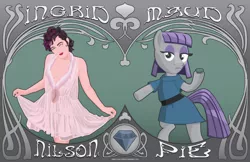 Size: 1224x792 | Tagged: safe, artist:samoht-lion, derpibooru import, boulder (pet), maud pie, earth pony, human, pony, bipedal, clothes, curtsey, dress, female, ingrid nilson, mare, rock