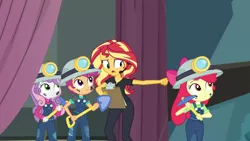 Size: 1920x1080 | Tagged: safe, derpibooru import, screencap, apple bloom, scootaloo, sunset shimmer, sweetie belle, all the world's off stage, equestria girls, equestria girls series, apple bloom's bow, bow, clipboard, clothes, cutie mark crusaders, director, director shimmer, female, hair bow, headset, helmet, mining helmet, overalls, pickaxe, shovel