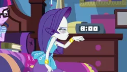 Size: 1920x1080 | Tagged: safe, derpibooru import, screencap, rarity, sci-twi, twilight sparkle, equestria girls, equestria girls series, holidays unwrapped, spoiler:eqg series (season 2), alarm clock, bags under eyes, bed, blizzard or bust, book, bracelet, clock, dresser, exhausted, female, geode of shielding, jewelry, magical geodes, sci-twi's room, studying, textbook, tired, waking up