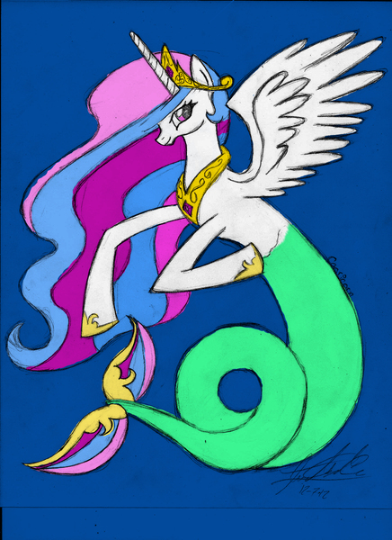 Size: 1700x2338 | Tagged: artist:fizzyrox, capricorn, colored, crown, derpibooru import, female, hoof shoes, jewelry, peytral, princess celestia, regalia, safe, sealestia, seaponified, seapony celestia, seapony (g4), signature, solo, species swap