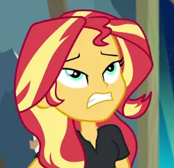Size: 1069x1031 | Tagged: safe, derpibooru import, screencap, sunset shimmer, all the world's off stage, equestria girls, equestria girls series, cropped, director shimmer, exasperated face, female, gritted teeth, solo