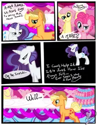 Size: 3500x4500 | Tagged: safe, artist:becauseimpink, derpibooru import, applejack, fluttershy, pinkie pie, rarity, earth pony, pony, unicorn, comic:transition, applejack (male), bubble berry, butterscotch, cake, comic, confused, dialogue, elusive, eyes closed, food, freckles, hat, male, rule 63, stallion, transgender