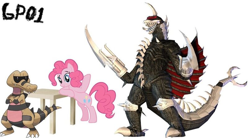 Size: 900x500 | Tagged: crossover, derpibooru import, gigan, godzilla (series), kaiju, krokorok, pinkie pie, pokémon, safe