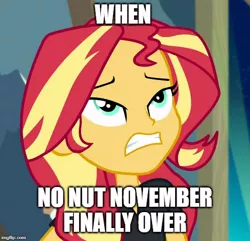 Size: 518x500 | Tagged: suggestive, derpibooru import, edit, edited screencap, screencap, sunset shimmer, all the world's off stage, equestria girls, equestria girls series, caption, cropped, exasperated face, female, gritted teeth, image macro, solo, text