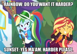 Size: 600x425 | Tagged: suggestive, derpibooru import, edit, edited screencap, screencap, rainbow dash, sunset shimmer, equestria girls, equestria girls series, sunset's backstage pass!, spoiler:eqg series (season 2), caption, image macro, imminent spanking, text