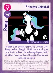 Size: 788x1088 | Tagged: safe, artist:pixel-prism, derpibooru import, princess celestia, oc, oc:celestai, alicorn, pony, fanfic:friendship is optimal, twilight sparkle's secret shipfic folder, artificial intelligence, harry potter and the methods of rationality, implied rarity, implied twilight sparkle, patreon, patreon logo, singularity, trading card, transcript in description