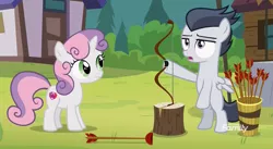 Size: 1173x643 | Tagged: safe, derpibooru import, screencap, rumble, sweetie belle, pegasus, pony, unicorn, marks and recreation, arrow, bow (weapon), colt, cutie mark, cutie mark day camp, discovery family logo, female, filly, foal, male