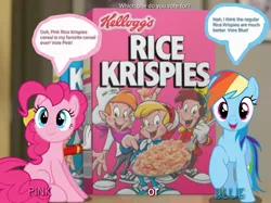 Size: 1512x1128 | Tagged: safe, derpibooru import, pinkie pie, rainbow dash, earth pony, pegasus, pony, blue, cereal, crossover, food, kellogg's, pink, pink or blue, raised hoof, rice krispies, sitting, smiling, snap crackle and pop, speech bubble, spoon, text, vote, vote blue, vote pink, voting