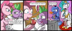 Size: 1500x656 | Tagged: apple, artist:madmax, comic, derpibooru import, food, green isn't your color, parody, pinkie pie, popcorn, princess celestia, princess luna, safe, soap opera, soda, spike