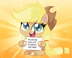 Size: 1246x1012 | Tagged: artist needed, safe, derpibooru import, edit, applejack, earth pony, pony, my little pony: pony life, applejack's hat, cowboy hat, exploitable meme, female, hat, mare, meme, open mouth, pony life applejack's sign, sign, smiling, solo, straw in mouth, sunburst background, unshorn fetlocks