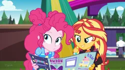 Size: 1920x1080 | Tagged: safe, derpibooru import, screencap, max steele, pinkie pie, sunset shimmer, equestria girls, equestria girls series, sunset's backstage pass!, spoiler:eqg series (season 2), brochure, cute, diapinkes, duo, duo female, female, geode of sugar bombs, magical geodes, male, outdoors, security guard, shimmerbetes, smiling