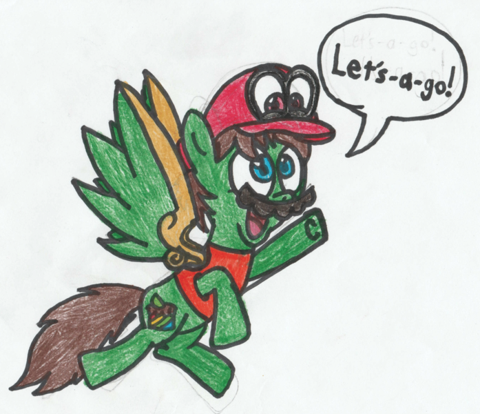 Size: 1665x1433 | Tagged: alicorn, alicorn oc, alternate eye color, artist:drquack64, cappy (mario), derpibooru import, facial hair, horn, moustache, oc, oc:frost d. tart, possession, safe, solo, speech bubble, super mario odyssey, text, traditional art, wings