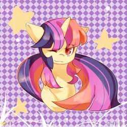 Size: 700x700 | Tagged: artist needed, safe, derpibooru import, oc, oc:闪光莉莉, unofficial characters only, pony, unicorn, female, looking at you, mare, one eye closed, simple background, solo, stars, wink