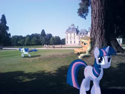 Size: 548x411 | Tagged: safe, artist:bastbrushie, derpibooru import, applejack, rarity, twilight sparkle, earth pony, pony, unicorn, castle, château de cheverny, france, garden, irl, photo, ponies in real life