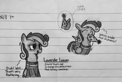 Size: 2282x1536 | Tagged: safe, artist:modocrisma, derpibooru import, oc, oc:lavender lemon (modocrisma), unofficial characters only, pegasus, pony, fallout equestria, fanfic, fanfic:vault 147, alternate universe, au:v147, blushing, cardboard box, clothes, cutie mark, doodle, ear blush, fallout, fanfic art, female, food, fruit, grin, hat, lemon, lined paper, mare, monochrome, mouth hold, party hat, pencil drawing, photo, smiling, solo, traditional art, vault suit, watermark