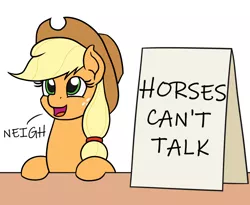 Size: 1100x900 | Tagged: safe, artist:mkogwheel, derpibooru import, edit, applejack, earth pony, pony, applejack's hat, applejack's sign, cowboy hat, cute, descriptive noise, female, hat, horse noises, horses doing horse things, mare, meme, neigh, reality ensues, sign, solo, subverted meme, truth