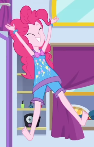 Size: 2100x3262 | Tagged: safe, derpibooru import, screencap, pinkie pie, equestria girls, equestria girls series, sunset's backstage pass!, spoiler:eqg series (season 2), barefoot, clothes, cropped, feet, happy, jumping, pajamas, sleeveless, soles, solo