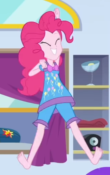 Size: 2100x3338 | Tagged: safe, derpibooru import, screencap, equestria girls, equestria girls series, sunset's backstage pass!, spoiler:eqg series (season 2), barefoot, clothes, cropped, feet, happy, jumping, nightgown, pajamas, sleeveless, smiling