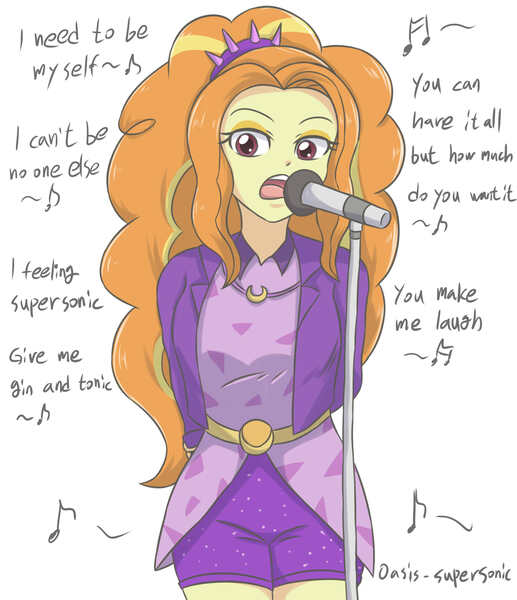 Size: 1968x2283 | Tagged: safe, artist:sumin6301, derpibooru import, adagio dazzle, equestria girls, clothes, digital art, female, hands behind back, lyrics, microphone, oasis (band), open mouth, simple background, singing, solo, song reference, text, white background