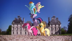 Size: 3840x2160 | Tagged: safe, artist:bastbrushie, derpibooru import, applejack, fluttershy, pinkie pie, rainbow dash, twilight sparkle, earth pony, pegasus, pony, unicorn, castle, château de cheverny, france, irl, photo, ponies in real life, pony pile, pony pyramid, tower of pony