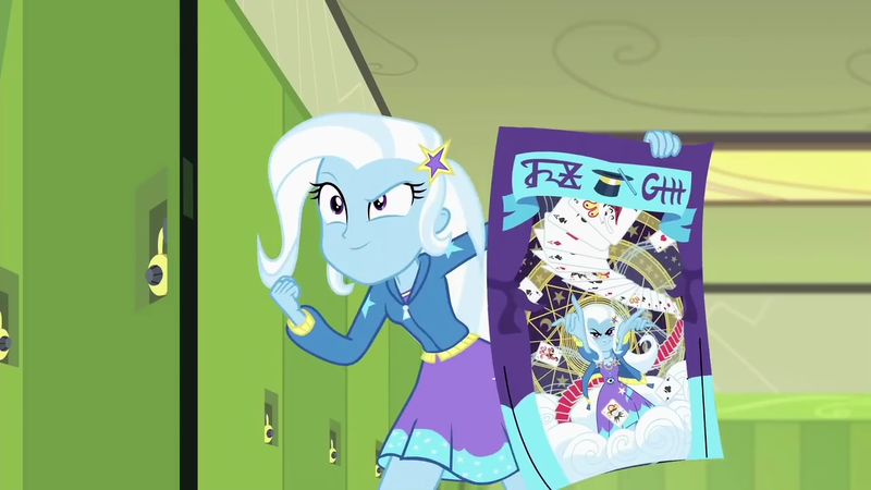 Size: 1280x720 | Tagged: safe, derpibooru import, screencap, trixie, equestria girls, equestria girls series, forgotten friendship, canterlot high, female, lockers, poster, solo, trixie's poster