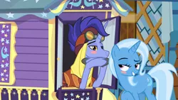 Size: 1280x720 | Tagged: safe, artist:themexicanpunisher, derpibooru import, edit, edited screencap, screencap, hoo'far, trixie, pony, road to friendship, blush sticker, blushing, female, hoo'far's wagon, male, shipping, straight, trixfar, trixie's wagon