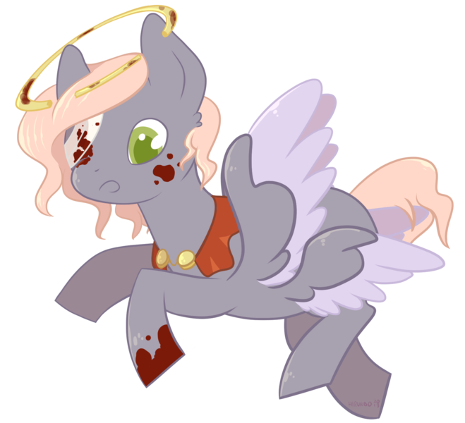 Size: 1690x1538 | Tagged: safe, artist:hirundoarvensis, derpibooru import, oc, oc:(un)holy, pegasus, pony, bandage, blood, cape, chibi, clothes, double wings, eyepatch, female, halo, multiple wings, solo, stains, wings