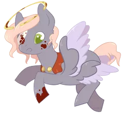 Size: 1690x1538 | Tagged: safe, artist:hirundoarvensis, derpibooru import, oc, oc:(un)holy, pegasus, pony, bandage, blood, cape, chibi, clothes, double wings, eyepatch, female, halo, multiple wings, solo, stains, wings