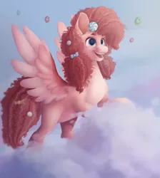 Size: 3409x3806 | Tagged: safe, artist:scalent, derpibooru import, pinkie pie, pegasus, pony, leak, spoiler:g5, balloon, candy, cloud, food, g5, pegasus pinkie pie, pinkie pie (g5), race swap, redesign, signature, sky, smiling, solo, spread wings, wings