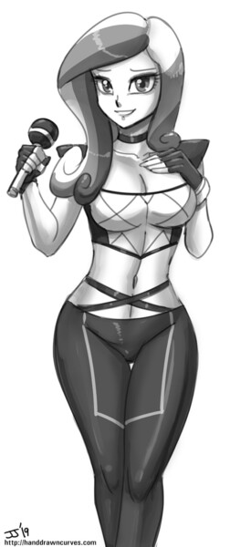 Size: 700x1664 | Tagged: artist:johnjoseco, ask gaming princess luna, belly button, breasts, choker, cleavage, clothes, cosplay, costume, derpibooru import, grayscale, human, humanized, kai'sa, k/da, league of legends, microphone, monochrome, princess cadance, safe, solo, tight clothing