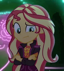Size: 969x1073 | Tagged: safe, derpibooru import, screencap, sunset shimmer, equestria girls, equestria girls series, sunset's backstage pass!, spoiler:eqg series (season 2), clothes, cropped, crossed arms, cute, female, jacket, maze, neon garden maze, perplexed, shimmerbetes, solo