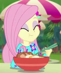 Size: 530x627 | Tagged: safe, derpibooru import, screencap, fluttershy, equestria girls, equestria girls series, lost and pound, spoiler:choose your own ending (season 2), spoiler:eqg series (season 2), chopsticks, cropped, cute, eating, food, lost and pound: spike, noodle bowl, noodles, ramen, shyabetes, solo