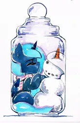 Size: 724x1103 | Tagged: safe, artist:mashiromiku, derpibooru import, princess luna, alicorn, pony, clothes, female, hearth's warming, mare, merry christmas, pony in a bottle, scarf, snowman, traditional art, watercolor painting